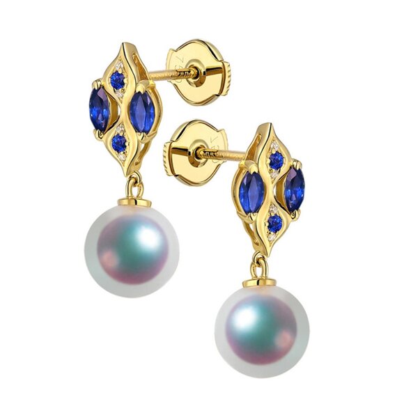 New 18K Yellow Gold Pearl Diamond Blue Stone Stud Earrings - Picture 3 of 4